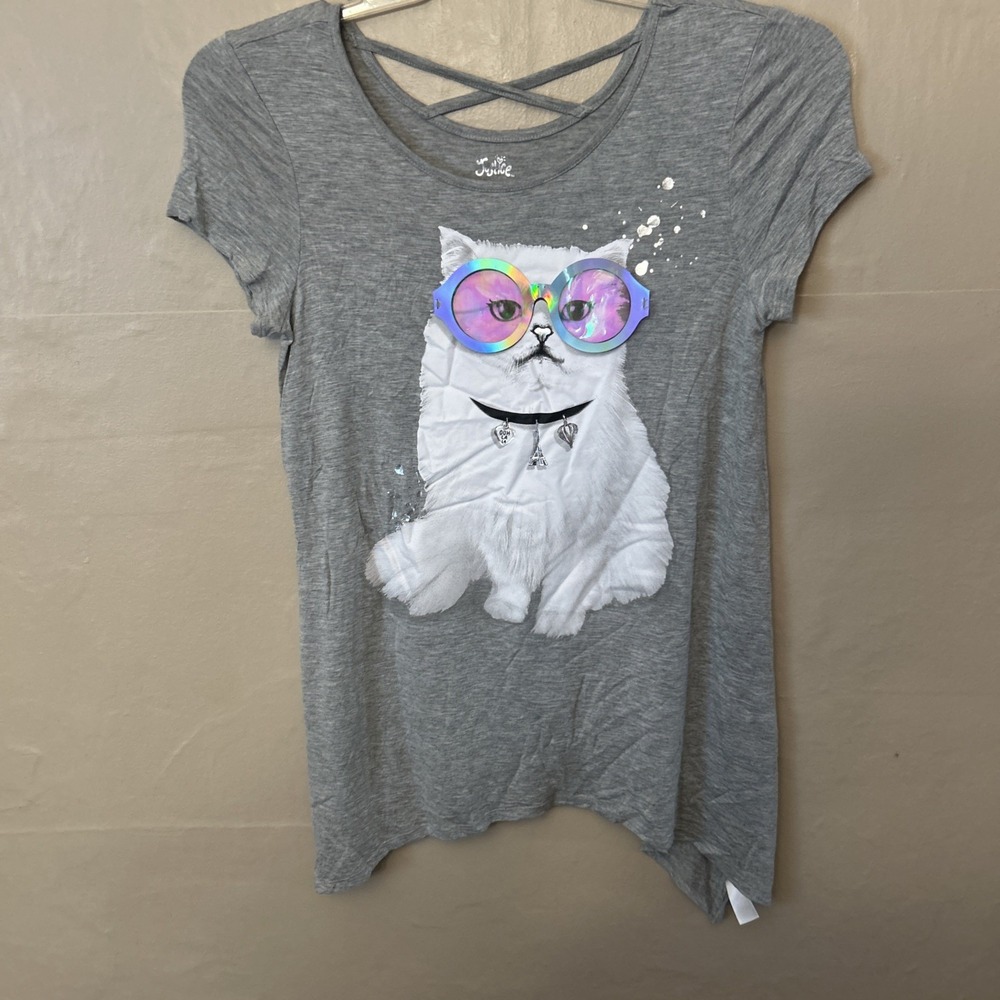 girls justice 14/16 Gray T Shirt Top Kitty‎ With Glasses